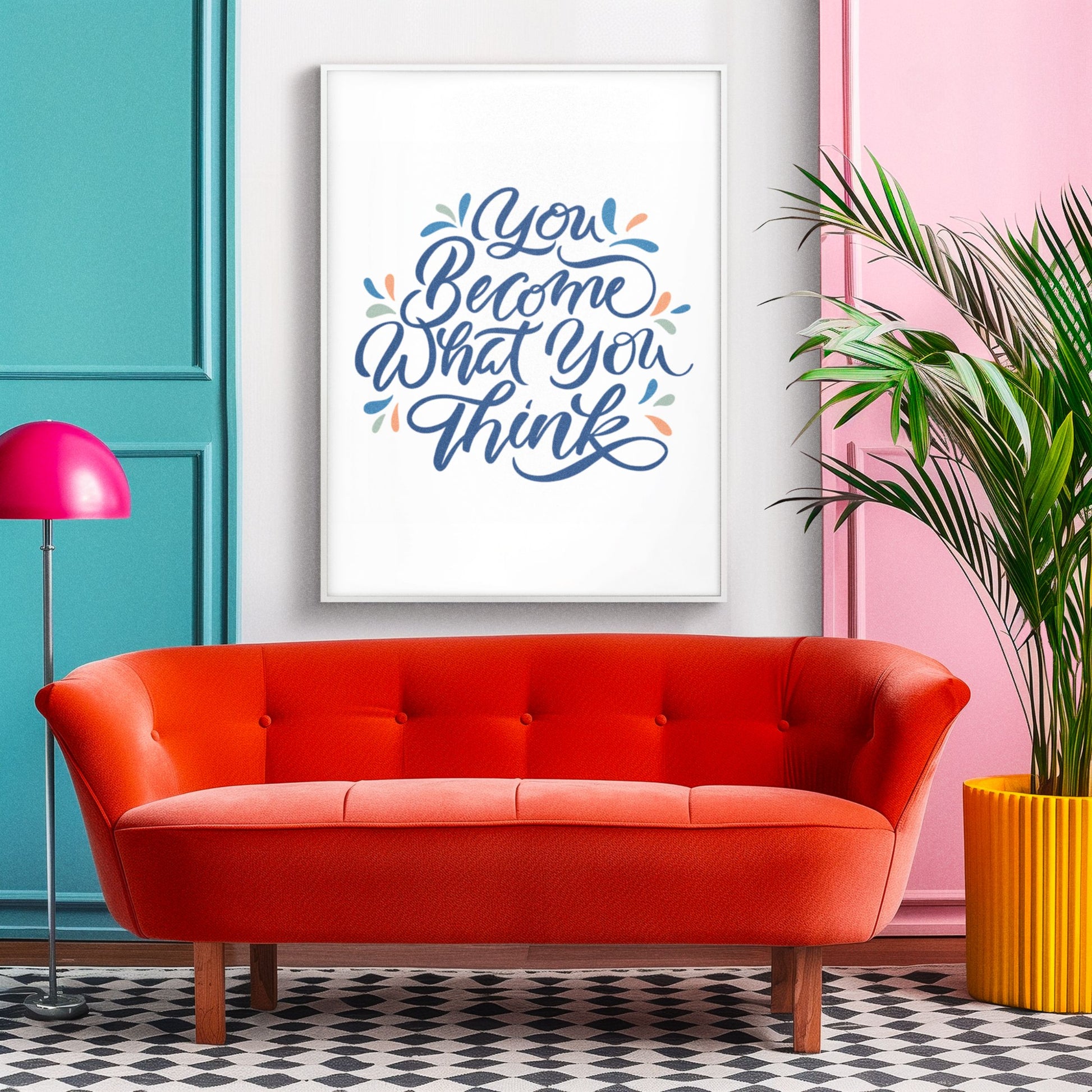 brush calligraphy  artwork with blue text and soft orange green and blue decorative elements